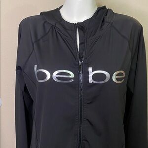 Bebe Sport Black Zip-Up spandex poly athletic silver logo front Jacket L 🖤🖤